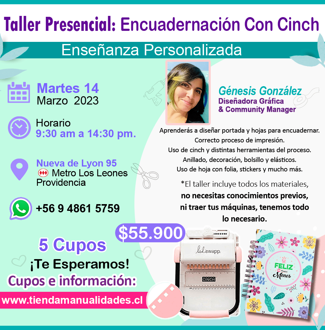 0036 Taller Presencial: ENCUADERNACIÓN CON CINCH -- VIERNES 17 DE MARZO 2023 -- NUEVA DE LYON 95