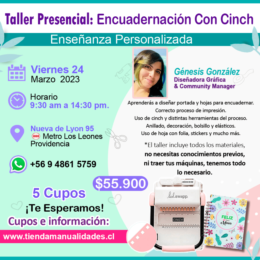 0046 Taller Presencial: ENCUADERNACIÓN CON CINCH -- VIERNES 24 DE MARZO 2023 -- NUEVA DE LYON 95