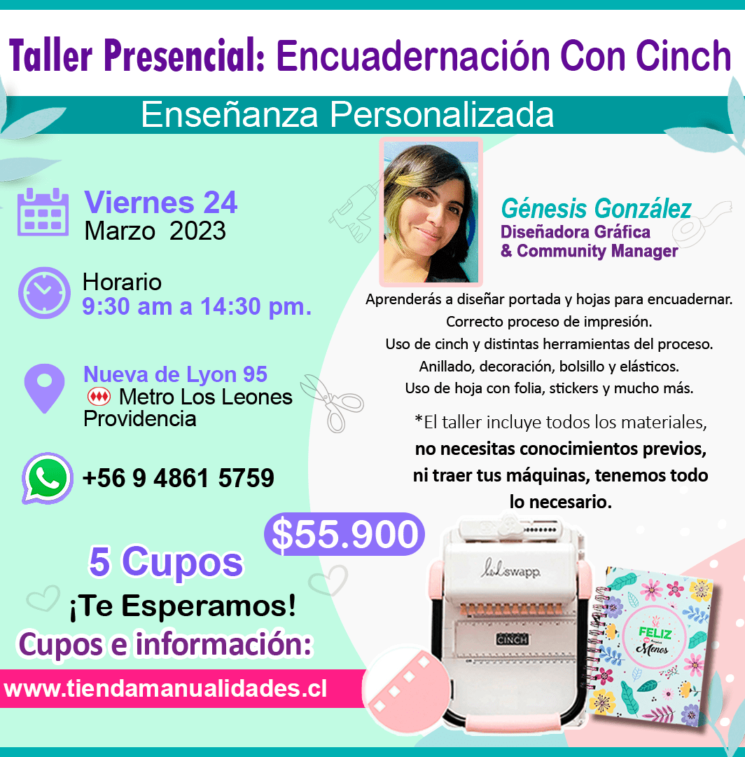 0046 Taller Presencial: ENCUADERNACIÓN CON CINCH -- VIERNES 24 DE MARZO 2023 -- NUEVA DE LYON 95